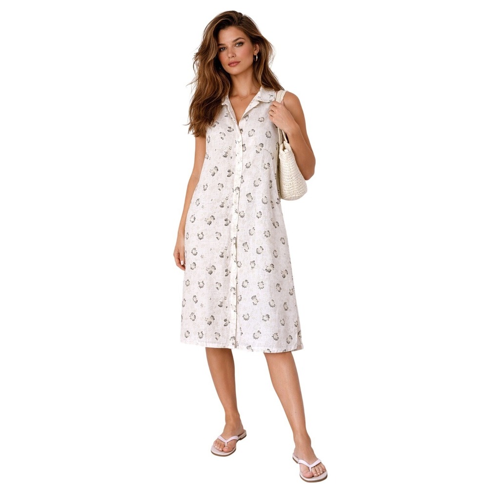 CP SHADES Midi Dress Linen Floral Button Front Shirt Dress Cottagecore M